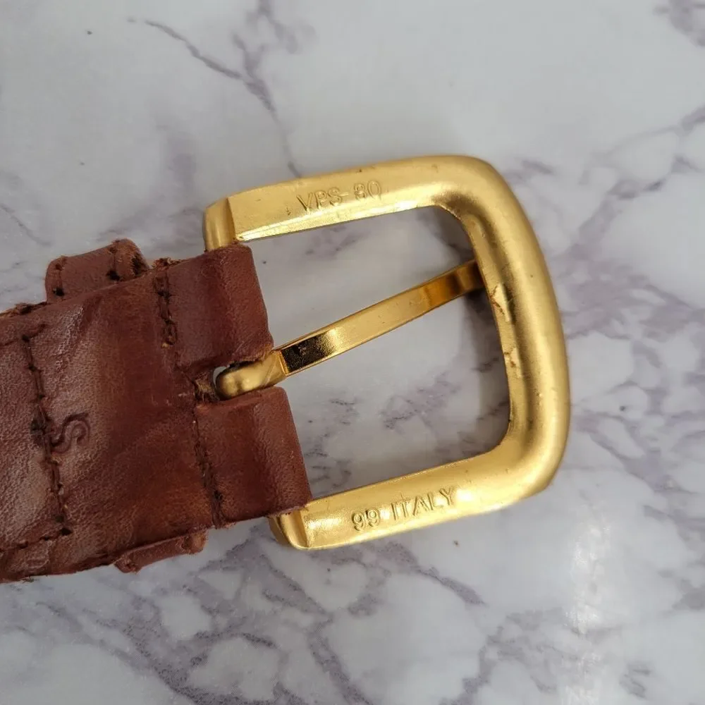 Vintage Woven Multicolor Leather Belt with Gold Tone Buckle